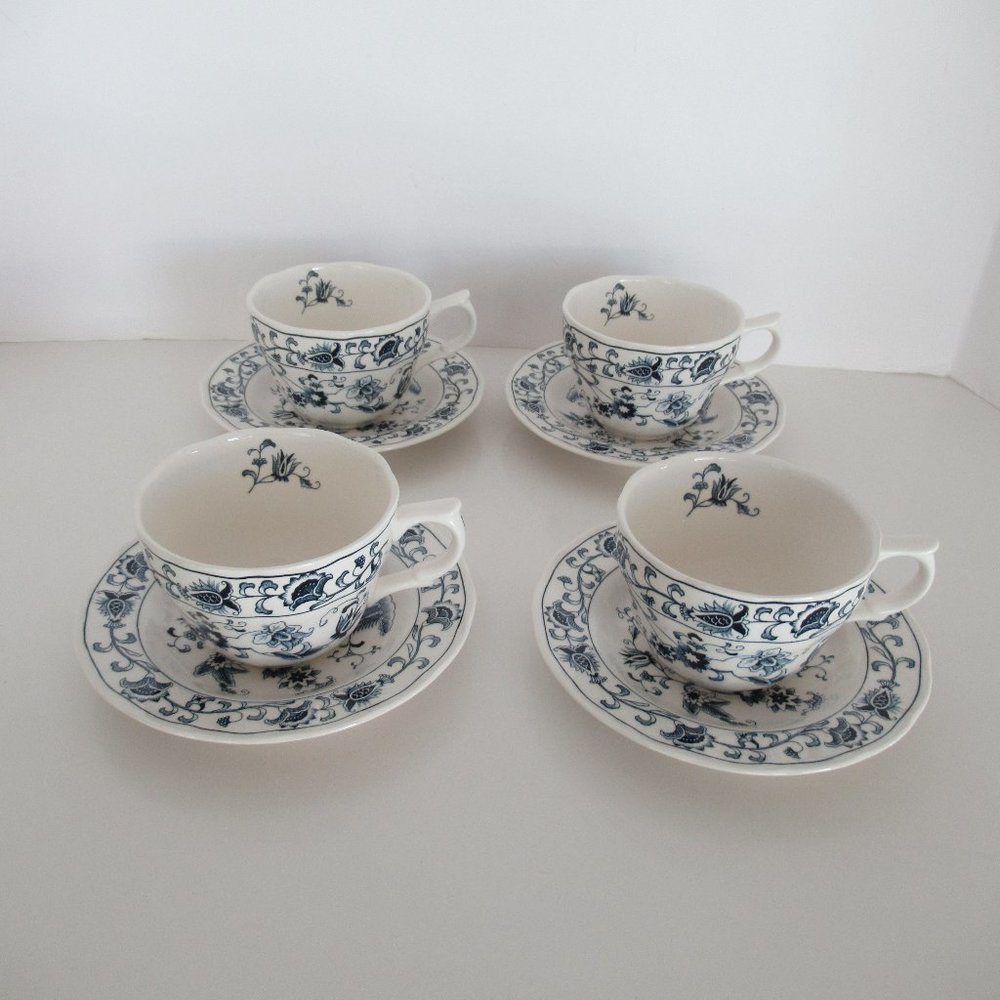 Nikko Tableware Japan White Blue Cup and Saucer Japan Ming Tree Pattern Set 8pcs